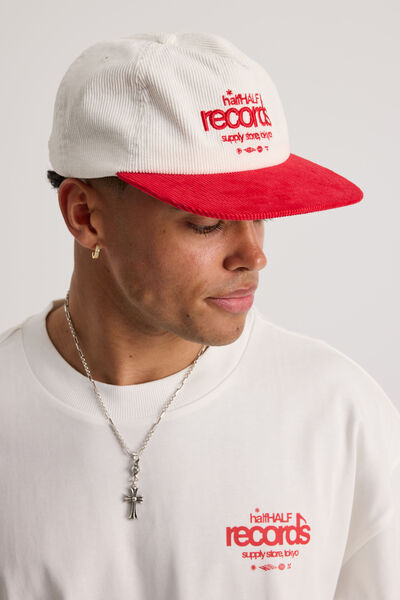 Half Half 5 Panel Cap Cord, WHITE RED CORD