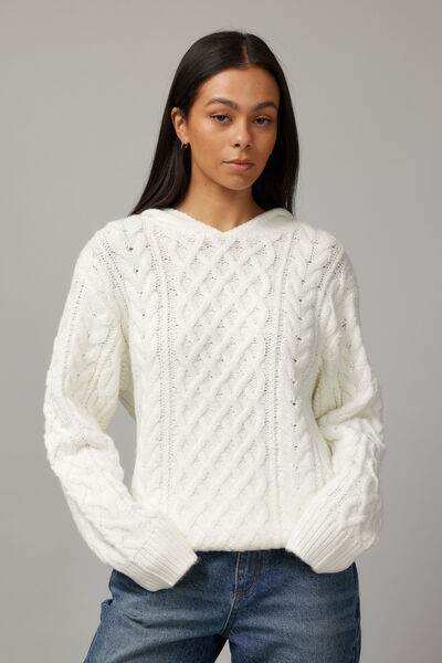 Joey Cable Knit Hoodie, WHITE