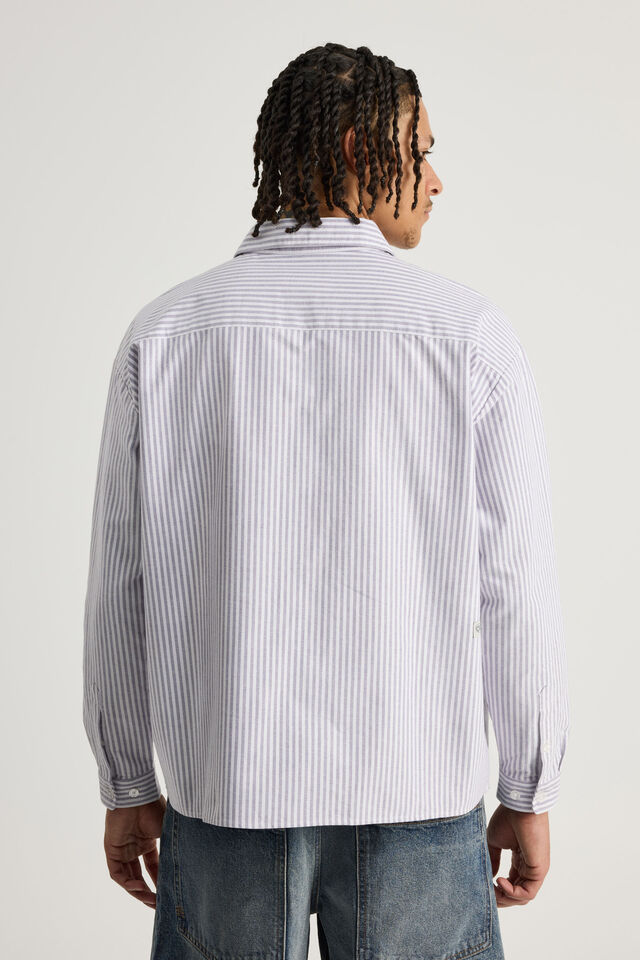 Open Gallery Boxy Cropped Long Sleeve Shirt, OG INDIGO PINSTRIPE/EVERYDAY ART