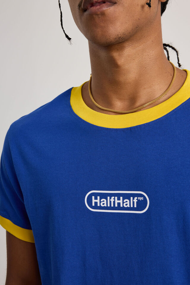 Half Half Slim Fit Ringer Tshirt, HH CORPORATE BLUE/TAXI WIDE HALF HALF PILL