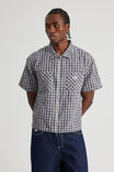 Half Half Boxy Cropped Ss Shirt With Zip, HH GREY CHECK SEERSUCKER - alternate image 1