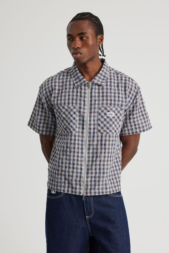 Half Half Boxy Cropped Ss Shirt With Zip, HH GREY CHECK SEERSUCKER