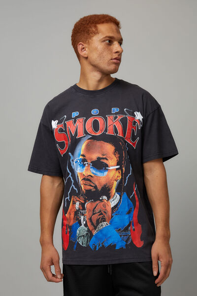 Oversized Music Merch T Shirt, LCN BRA WASHED BLACK/POP SMOKE