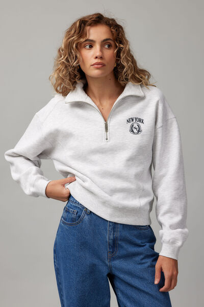 Slouchy Graphic Qtr Zip, SILVER MARLE/NYC