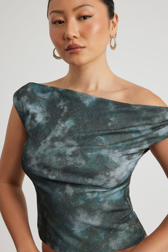 Textured Off Shoulder Top, GREY GREEN TIE DYE