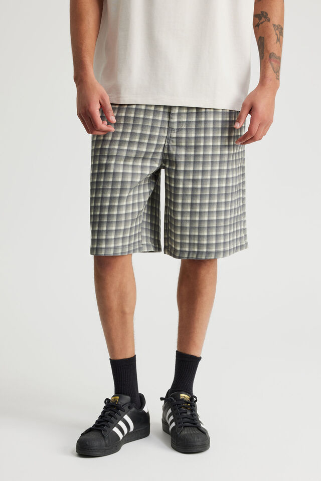 Half Half Painter Baggy Denim Short, GREY PRINTED CHECK