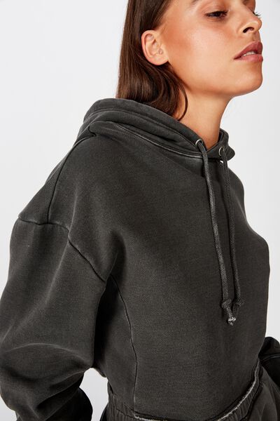 Cropped Raw Edge Hoodie, WASHED BLACK