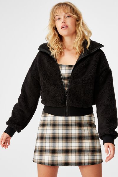 Plush Zip Thru Bomber, BLACK