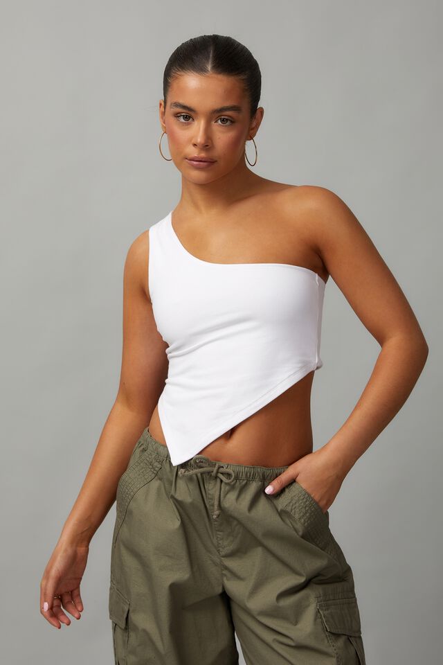 One Shoulder Jersey Top, WHITE