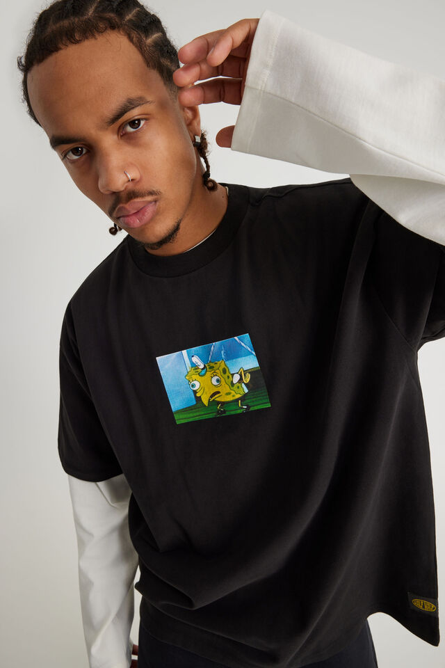 Spongebob X Half Half Heavyweight Box Fit T Shirt, LCN NIC BLACK/SPONGEBOB CHICKENBOB