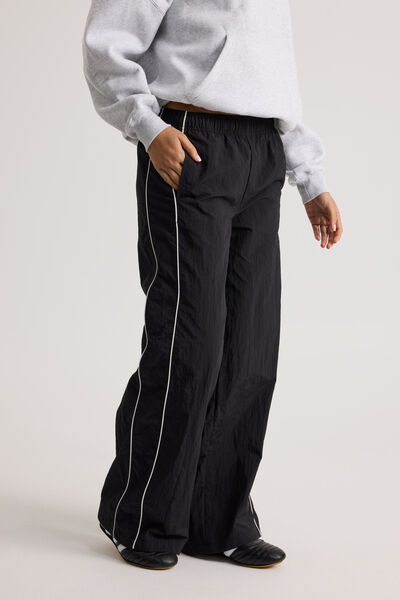 Freya Wide Leg  Woven Sporty Trackpant, BLACK