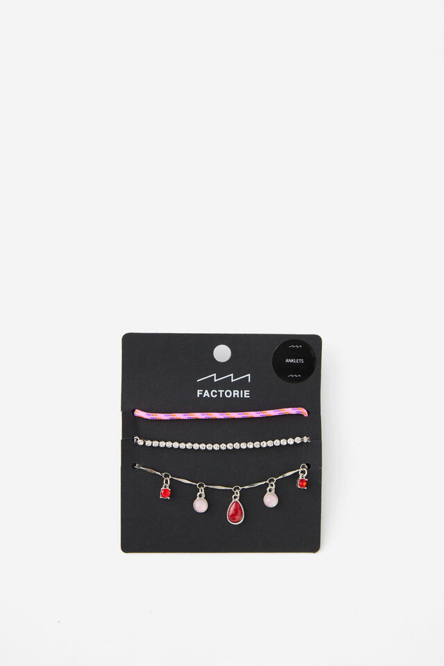 Festival Anklet Pack, SILVER PINK CORD W JEWELS