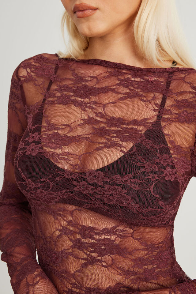 Fitted Long Sleeve Top, BORDEAUX LACE