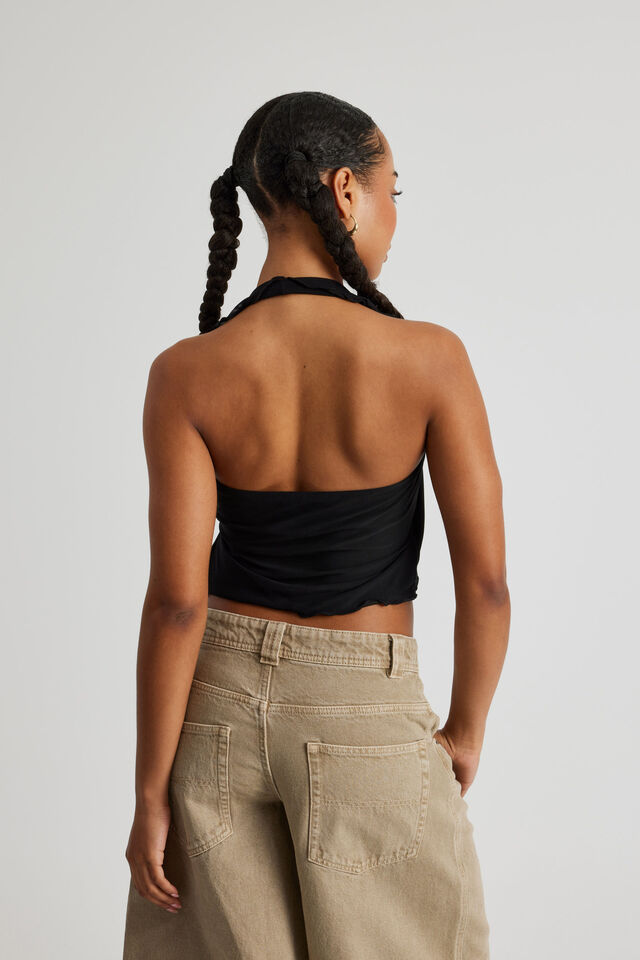Piper Mesh Wrap Halter Top, BLACK