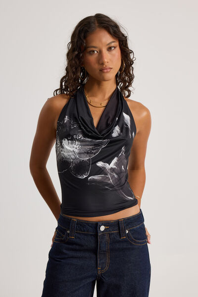 Graphic Cowl Neck Halter, BLACK/AMELIA FLORAL