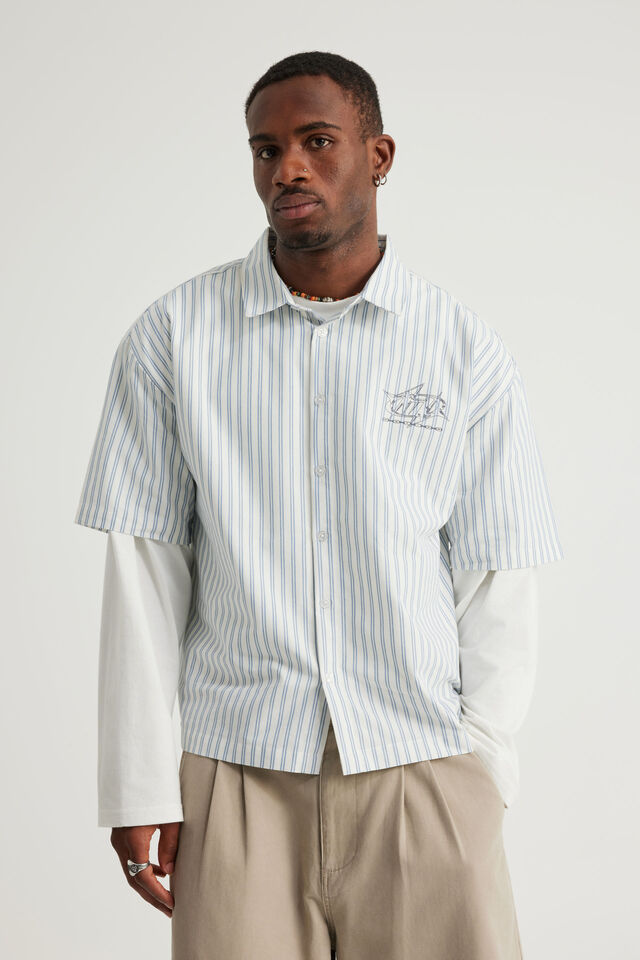 Notion Boxy Cropped Short Sleeve Shirt, NOTION BLUE WHT SPIKY LOGO