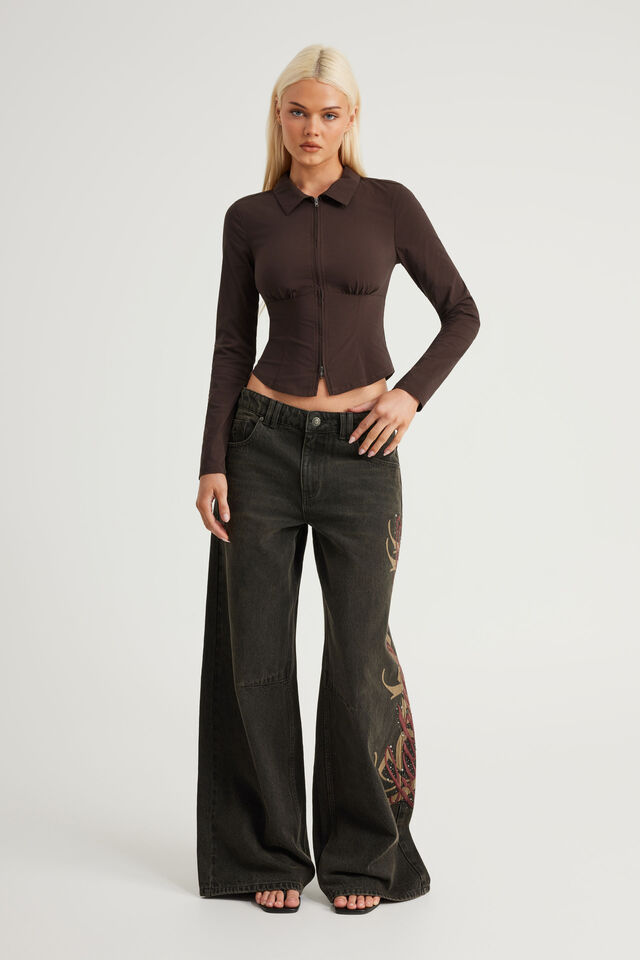 Long Sleeve Zip Through Shirt, UMBER