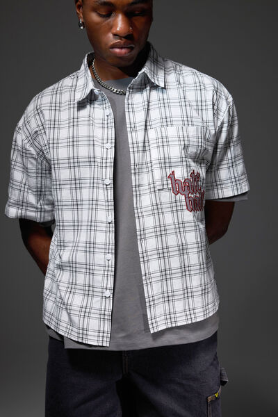 Half Half Boxy Cropped Short Sleeve Shirt, WHITE WINDOW CHECK/GOTHIC HH