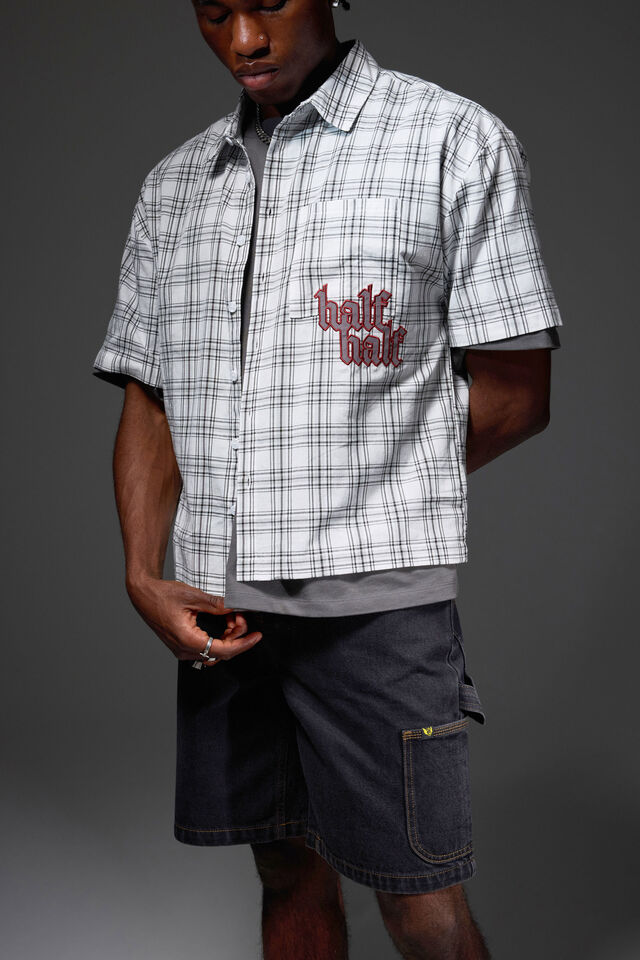 Half Half Boxy Cropped Short Sleeve Shirt, WHITE WINDOW CHECK/GOTHIC HH