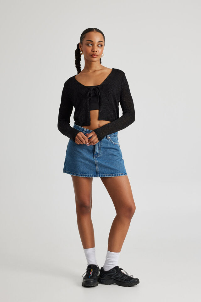Metallic Tie Front Knit Cardigan, BLACK