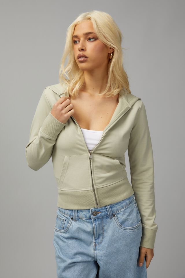 Fitted Zip Through Hoodie, SOFT GREEN