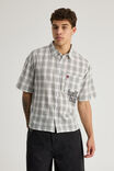 Half Half Boxy Cropped Short Sleeve Shirt, WHITE WINDOW CHECK/GOTHIC HH - alternate image 1