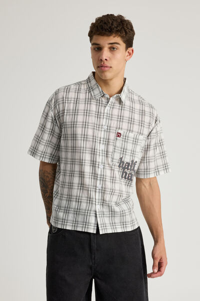 Half Half Boxy Cropped Short Sleeve Shirt, WHITE WINDOW CHECK/GOTHIC HH