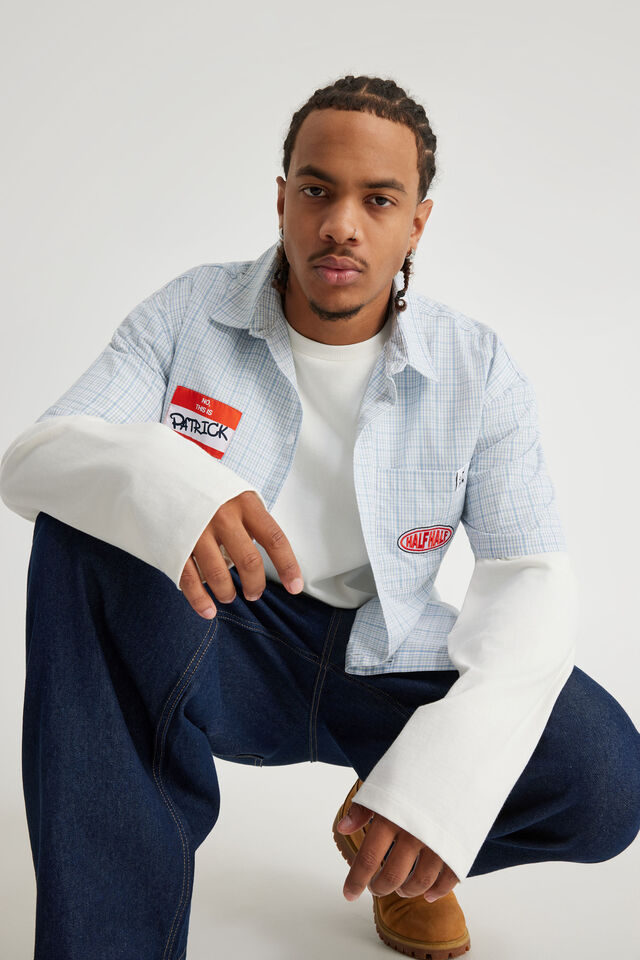 Lcn Spongebob X Hh Boxy Cropped Short Sleeve Shirt, LCN SPONGEBOB X HH BLUE CHECK/PATRICK STICKER