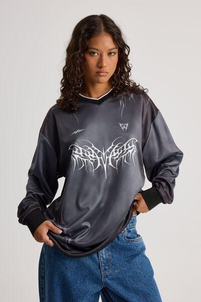 Long Sleeve Sports Jersey Top, BLACK/TRIBAL