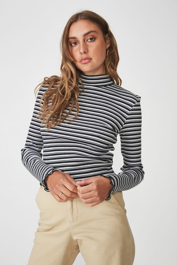 Stripe Rib Lettuce Edge Long Sleeve, WILLA STRIPE_BLACK WHITE