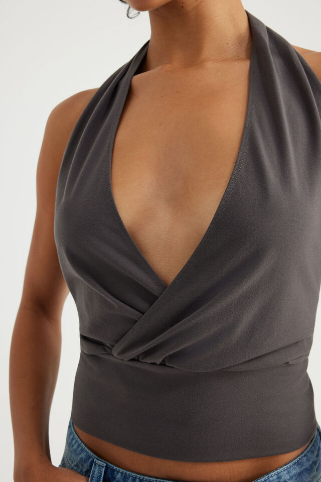 Open Back Deep V Halter, WASHED BLACK