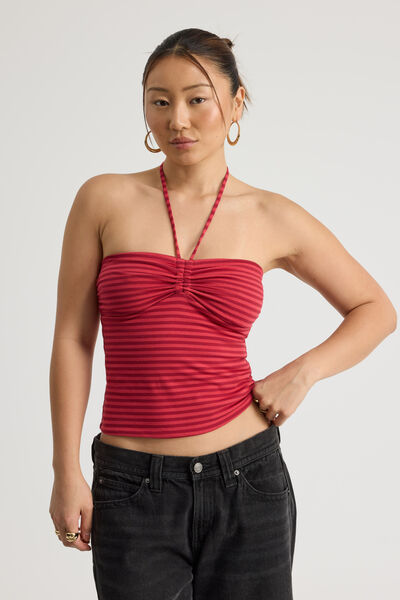 Ruched Front Bandeau Halter, RANCH RED STRIPE