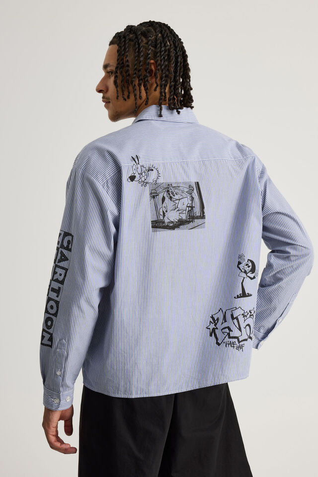 Cartoon Network X Half Half Long Sleeve Shirt, LCN WB BLUE WHT PINSTRIPE/CARTOON NETWORK