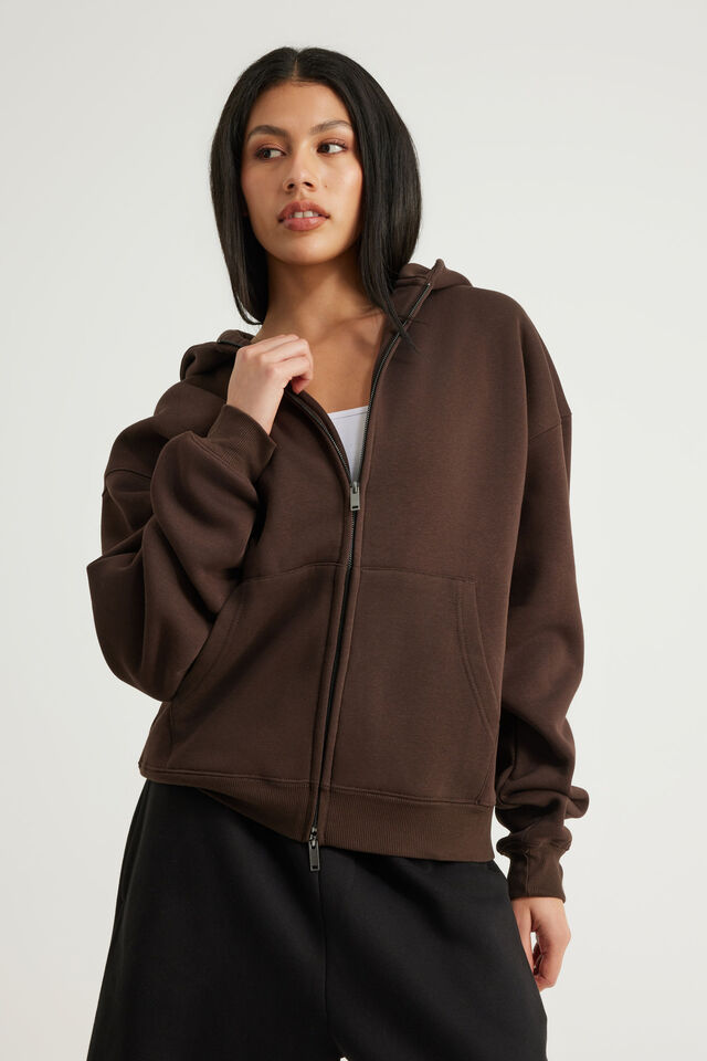 Authentics Boxy Zip Thru Hoodie, WALNUT
