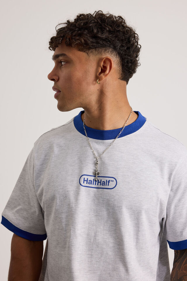 Half Half Slim Fit Ringer Tshirt, HH SILVER MARLE/BLUE WIDE HALF HALF PILL