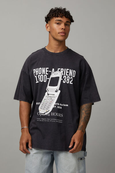 Oversized Graphic T Shirt, WASHED BLACK/PHONE A FRIEND