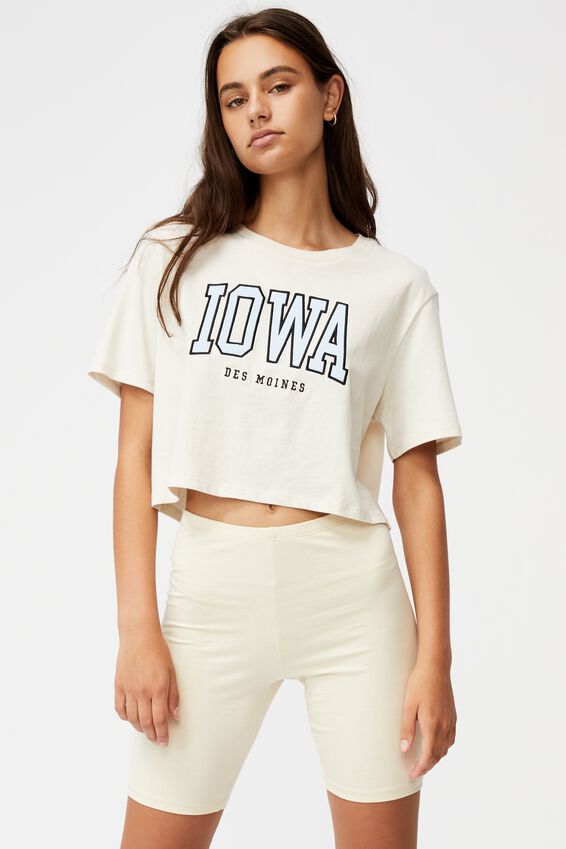 Short Sleeve Crop Graphic T Shirt, IVORY/IOWA