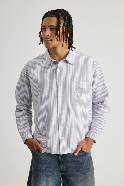 Open Gallery Boxy Cropped Long Sleeve Shirt, OG INDIGO PINSTRIPE/EVERYDAY ART