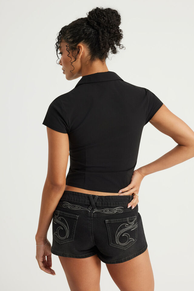 Short Sleeve Zip Through Shirt, BLACK