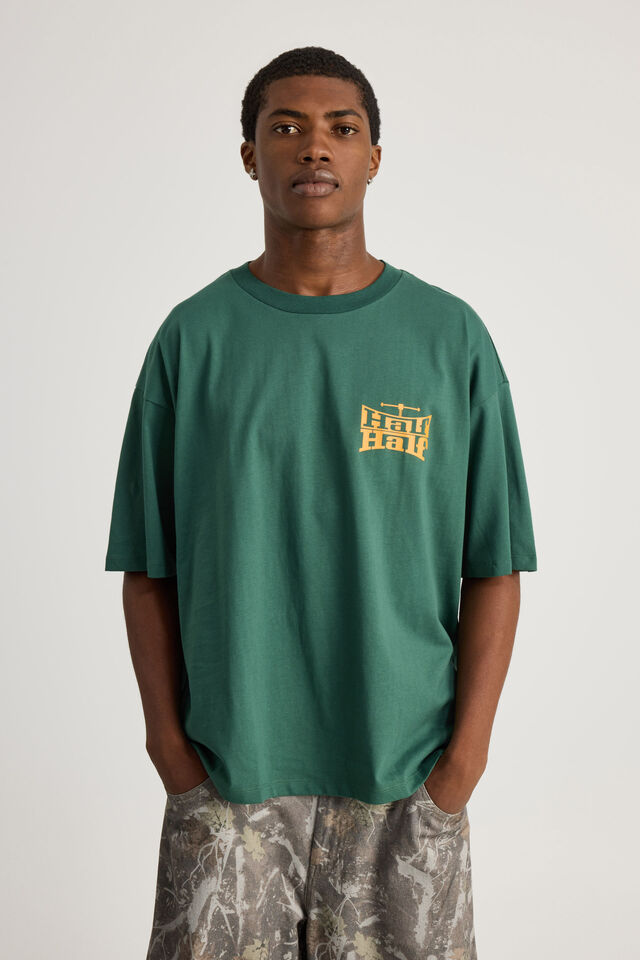 Half Half Box Fit Graphic T Shirt, HH WASHED GREEN/INDUSTRY TAKEOVER