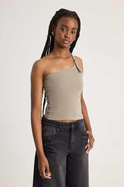 One Shoulder Buckle Top, KHAKI MIST