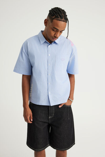 Half Half Boxy Cropped Short Sleeve Shirt, HH WHT BLUE CHECK MULTI PLACEMENT