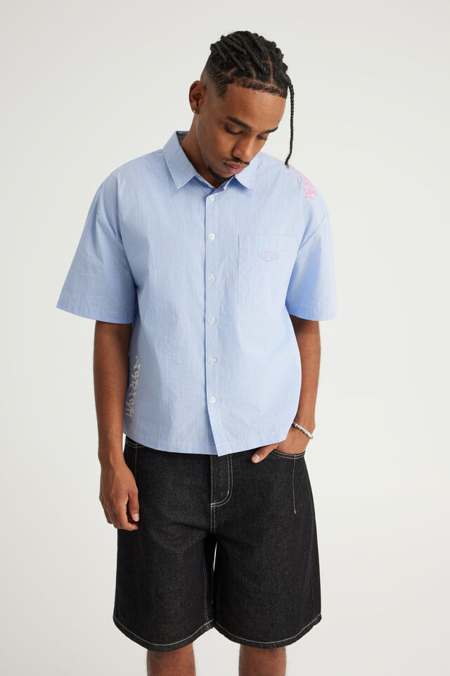 Half Half Boxy Cropped Short Sleeve Shirt, HH WHT BLUE CHECK MULTI PLACEMENT