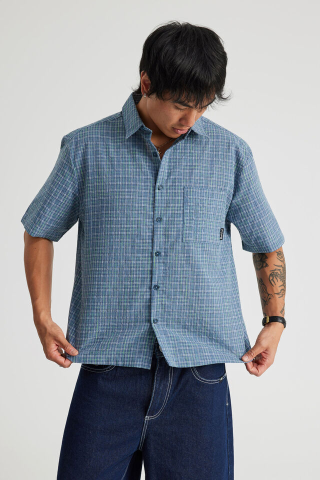 Half Half Short Sleeve Shirt, HH BLUE GREY NEON CHECK