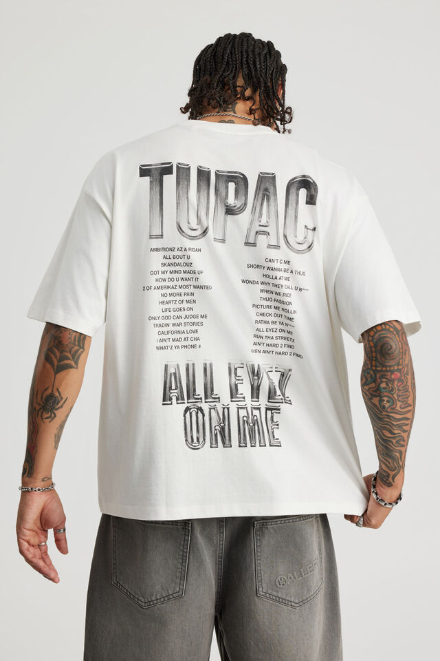 Box Fit Music Merch T Shirt, LCN BRA CLOUD/TUPAC GREYSCALE ALL EYEZ