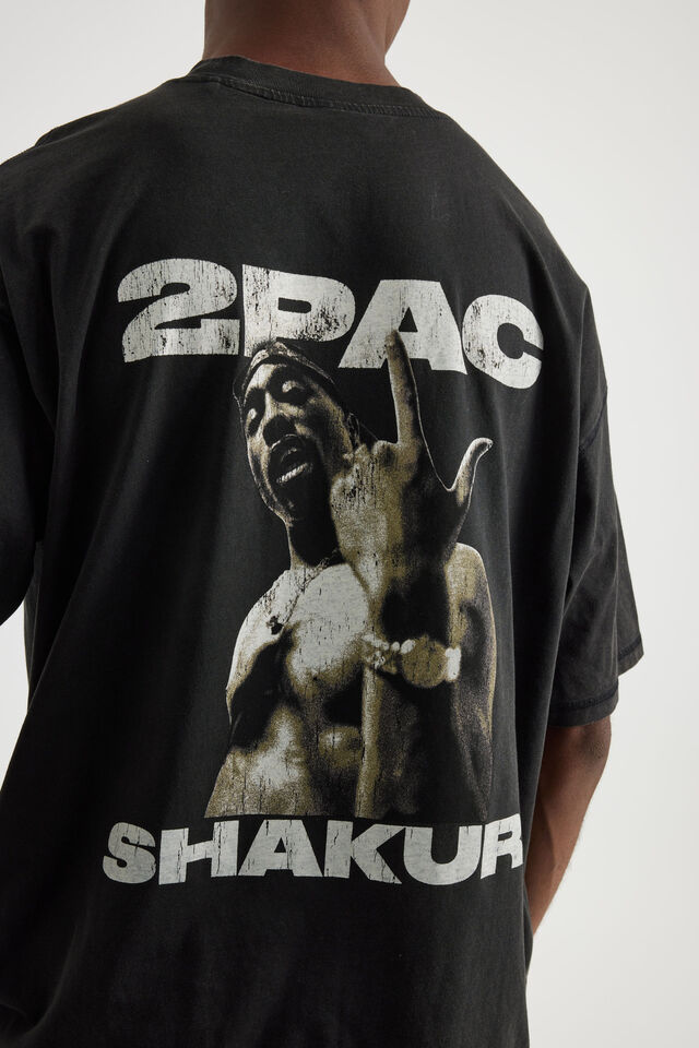 Box Fit Music Merch T Shirt, LCN BRA WASHED BLACK/TUPAC SHAKUR