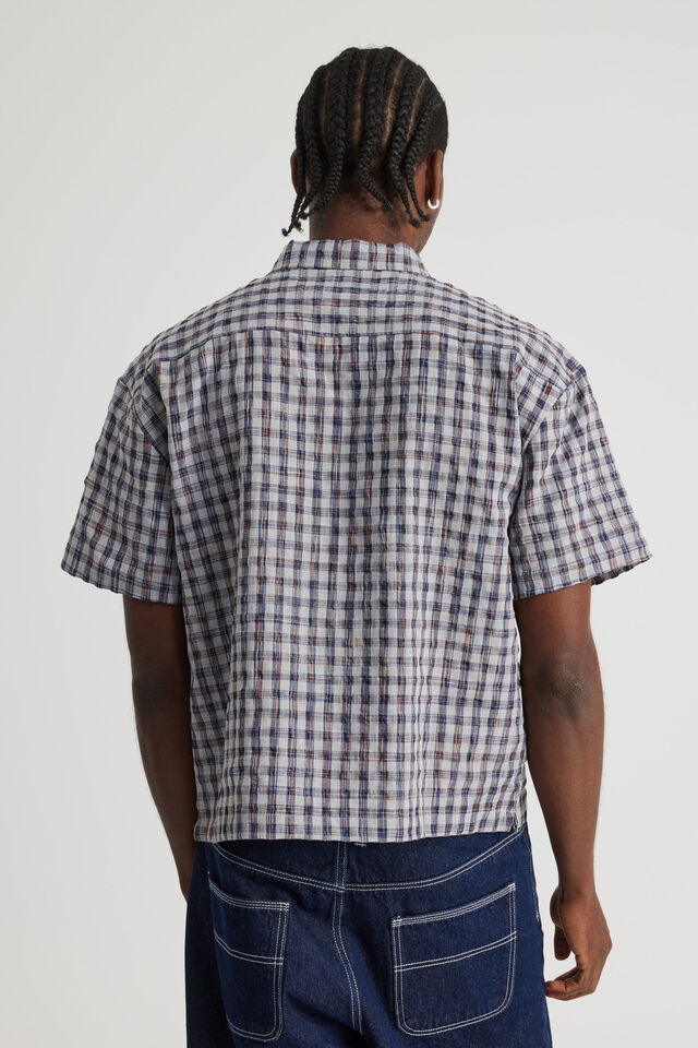 Half Half Boxy Cropped Ss Shirt With Zip, HH GREY CHECK SEERSUCKER