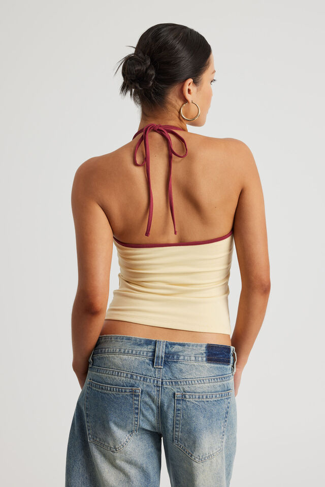 Tie Neck Halter Top, DAFFODIL/CRANBERRY