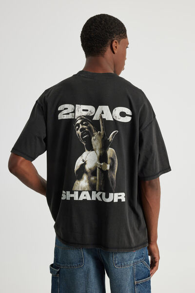 Box Fit Music Merch T Shirt, LCN BRA WASHED BLACK/TUPAC SHAKUR