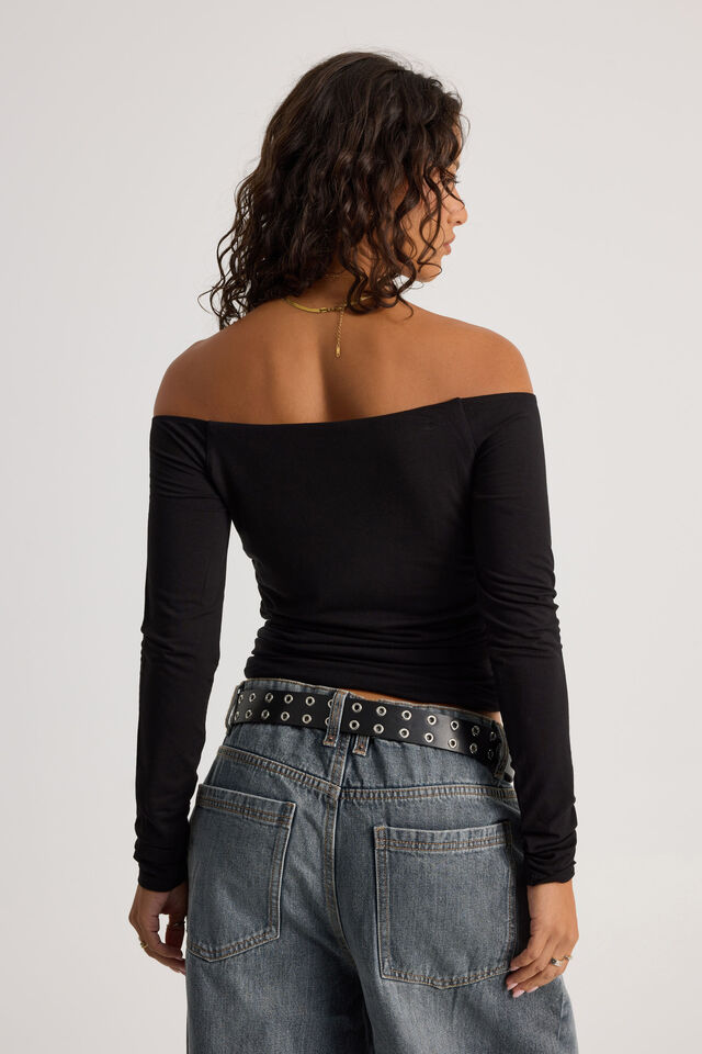 Off Shoulder Graphic Long Sleeve Top, BLACK/DIVA